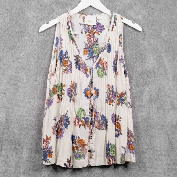MAEVE Floral Pintuck Sleeveless Button Front Blouse Cottagecore Country Sz M - Picture 2 of 8